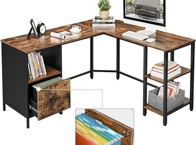 L-shaped computer desk vintage brown-black desk, L-shaped computer desk, office table with cabinet and hanging registry, 2 shelves, home office, space-