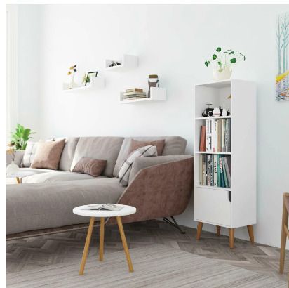 BRAND NEW Bookshelf Storage Unit 4 Cubes Wooden Free Standing Cabinet Display Shelves Organize with Door Legs White for Home and Office