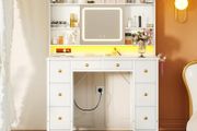 Vanity Desk with Movable LED Mirror and 8 Drawers, Dressing Table with Built-in USB Power Outlets &amp; RGB Light Strip Vanity Table with 4-Layer Adjustable Shelves, White Makeup Desk 110x40x137cm