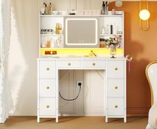 Vanity Desk with Movable LED Mirror and 8 Drawers, Dressing Table with Built-in USB Power Outlets & RGB Light Strip Vanity Table with 4-Layer Adjustable Shelves, White Makeup Desk 110x40x137cm