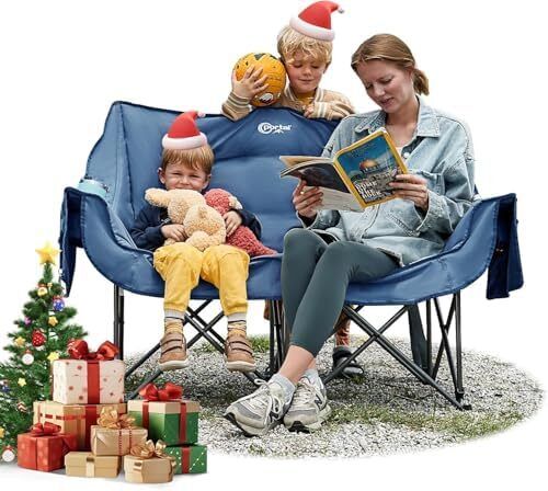 Portal Double Camping Chair Padded Folding Camping Sofa for Adults Large Quilted Love Seat Luxury Fodable Tub Chair Deluxe Moon Chair Collapsible Giant Festival Garden Lawn Picnic Load 272KG