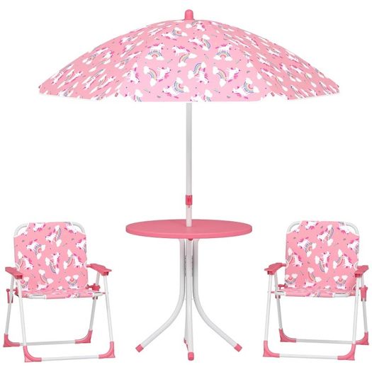 Kids Patio Table and Chair Set, Kids Garden Furniture with Umbrella, 4-Piece Bistro Set for Garden, Pink