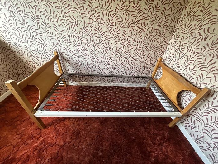 Vintage Mid Century Wooden Single Bed Frame with Metal Spring Base