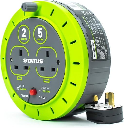 2 Socket Cable Reel | 5m Green Extension Lead | 13A with Thermal Cut Out | Heavy Duty Outdoor Extension Lead