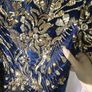 Navy Blue Velvet Gold Sequin Embroidered Evening Gown Image 3