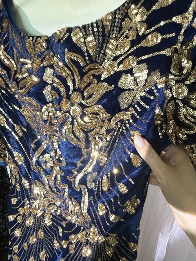 Navy Blue Velvet Gold Sequin Embroidered Evening Gown