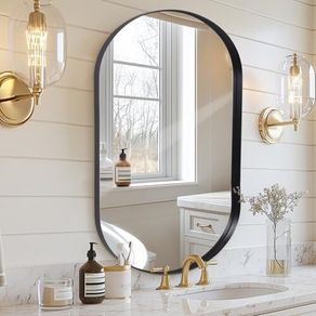 Black Bathroom Vanity Mirror for Wall, 55x75 cm Metal Framed Wall Mirror Oval, Decorative Mirror for Bedroom Living Room Entryway Horizontally or Vertically