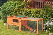 Rabbit Hutch with Run Wooden Guinea Pig Hutch Outdoor Bunny Cage Hide House with Sliding Tray, Hay Rack, Ramp, 156 x 58 x 68cm, Orange