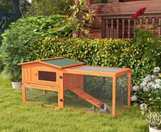 Rabbit Hutch with Run Wooden Guinea Pig Hutch Outdoor Bunny Cage Hide House with Sliding Tray, Hay Rack, Ramp, 156 x 58 x 68cm, Orange