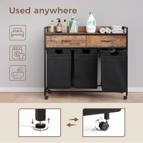 Laundry Basket, 3 Compartments Laundry Hamper 150L, 3 Drawers