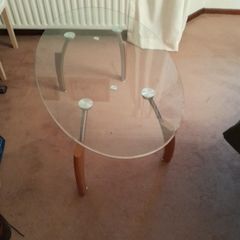 Glass coffee table with wood and steel legs