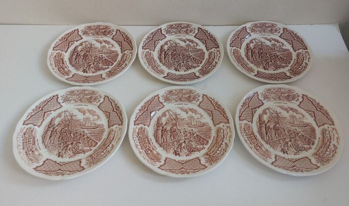 Fabulous Vintage 35 Piece Brown and White Fair Winds, Historical Scenes of Chinese Export to America Dinner Service by Alfred Meakin, Staffordshire