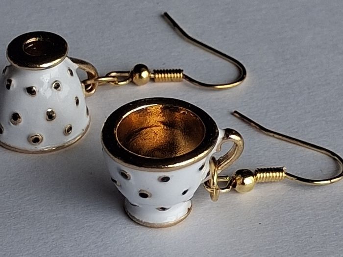 White & Gold Spotty Mini Teacup Drop Earrings