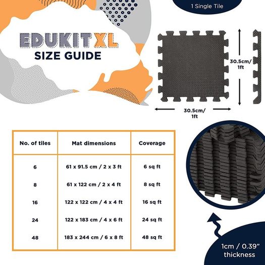EVA Gym Foam Mat; 24 Pieces; 30.5 x 30.5cm; Black; Non-Slip Interlocking Puzzle Floor Tiles for Home, Exercising, Garage