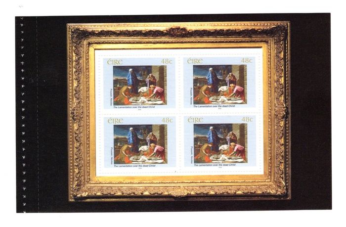 2004 Ireland 140th Anniversary of National Gallery of Ireland 3rd Issue Commemorative Stamp Booklet Pane  "The Lamentation over the Dead Christ" by Nicolas Poussin, Mint Never Hinged (MNH). Hibernian HB151
