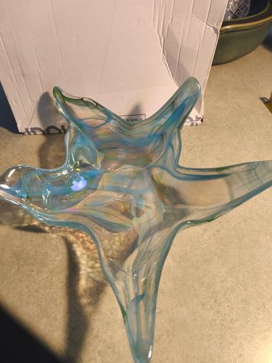 Glass Bowl Round Star Shaped Murano Art Deco Art Blue White
