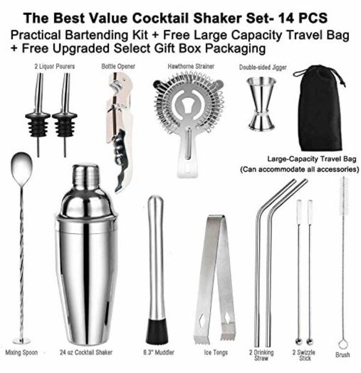 Cocktail Set,14 Piece Cocktail Making Set for Drink Mixing, Stainless Steel Bar Tool Kits with 750ml Cocktail Shaker