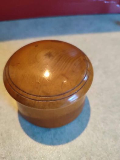 Antique Treen Pot Small Antique Treen Pot.Screw-on mushroom shaped lid.Polished light colored wood, possibly yew or sycamore.