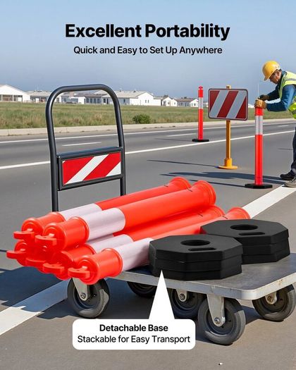 6 Pack Traffic Delineator Posts 1140 mm Traffic Safety Cones with Weighted Base and Reflective Strips, Heavy Duty Delineator Posts for Construction Site, Parking Lot