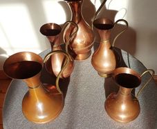 5 Vintage brass copper jugs.