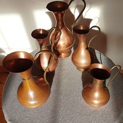 5 Vintage brass copper jugs.