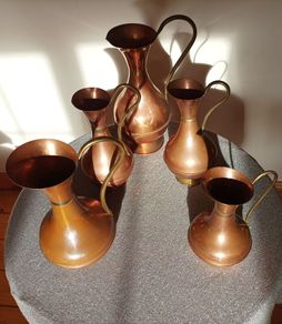 5 Vintage brass copper jugs.