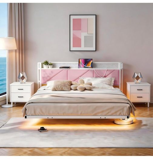 King Size Bed Frame 150x200cm, Floating Upholstered Platform Bed with LED Lights & USB Charging, 5ft Heavy Duty Metal Bed Frame with Headboard Storage, Noise-Free, No Box Spring Needed, Pink