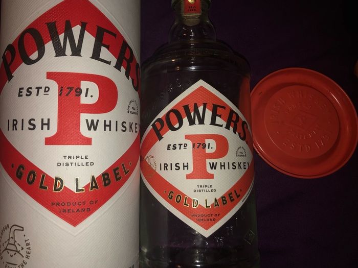 Powers whiskey gold label empty bottle and box