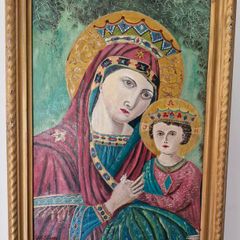 Hand painted Icon Madonna & Child Oil on Canvas