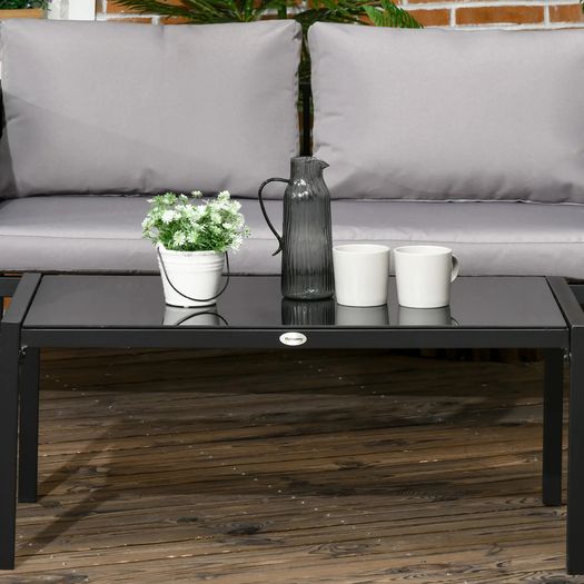 4 Piece Metal Garden Furniture Set - Includes Tempered Glass Coffee Table, Texteline Pocket, Outdoor Patio Set with Loveseat, Single Armchairs and Padded Cushions, Light Grey