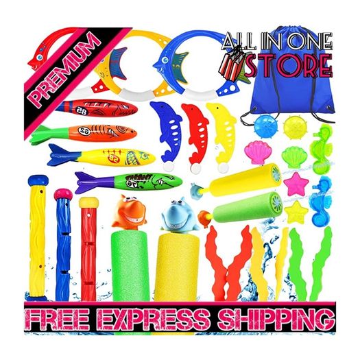 27pcs Swimming Pool Toys Diving Pool Toys Set, Diving Toys with Cute Animal Water Pistol, Underwater Diving Game Kit Treasures Training Toys With Storage Bag (FREE SHIPPING)