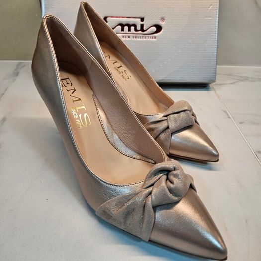 Emis new collection court champagne bow detail medium heel leather shoes UK6.5 EU 40 new & boxed