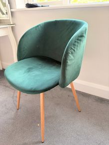 Green velvet chair and matching light shade