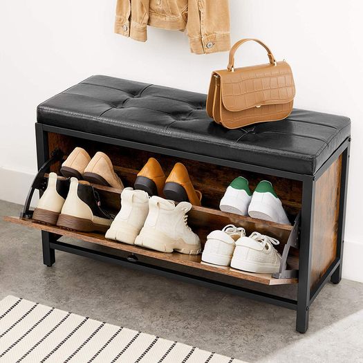 _Shoe Bench Padded Shoe Organiser with Flap Shoe Cabinet for 6 Pairs of Shoes Steel Frame Industrial Design Vintage Brown/Black
