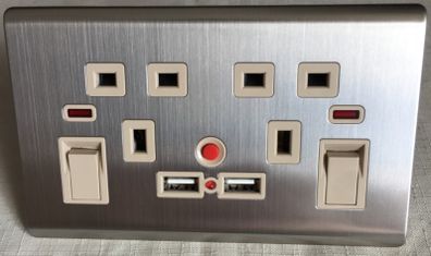 2 Way/Gang Brushed Stainless Steel UK Mains 3 Pin Plug Power Socket With USB Charging Ports and Neons!