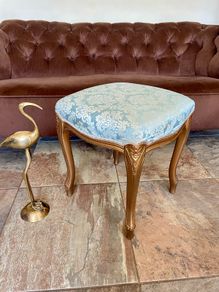French Louis XV Style Vanity Bedroom Stool Carved Gilt Wood Frame Blue Satin Top