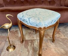 French Louis XV Style Vanity Bedroom Stool Carved Gilt Wood Frame Blue Satin Top