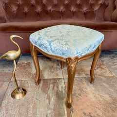 French Louis XV Style Vanity Bedroom Stool Carved Gilt Wood Frame Blue Satin Top