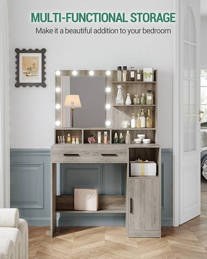 Vanity Desk with Mirror and 10 LED Lights, Makeup Vanity with 3 Shelves & 4 Open Compartments, Dressing Table with 2 Drawer & Cabinet, 3 Adjustable Lighting Brightness,Greige