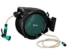 Retractable Hose Reel Wall Mounted, 30+2m Garden Hose Pipe Reel with Lock, Auto Rewind, 7 in 1 Spray Nozzle, Includes Wall Fixings, 180 Swivel, Outdoor Watering, 59 x 23 x 42 cm, Green