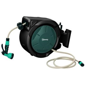 Retractable Hose Reel Wall Mounted, 30+2m Garden Hose Pipe Reel with Lock, Auto Rewind, 7 in 1 Spray Nozzle, Includes Wall Fixings, 180 Swivel, Outdoor Watering, 59 x 23 x 42 cm, Green