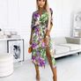 Green & Purple Floral Short Sleeve Belted Side Split Midi Dress Image 4