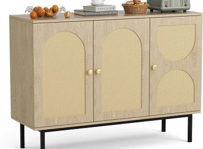 Sideboard Storage Cabinet, Kitchen Cupboard Storage with 3 Doors, Rattan Buffet Cabinet for Living Room, Dining Room, Kitchen, Hallway