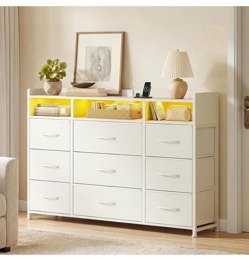 Chest of Drawers for Bedroom with LED and Charging Station, White