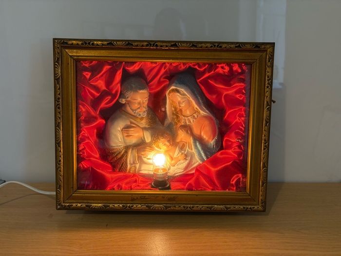Vintage framed plaster nativity scene light box c1960