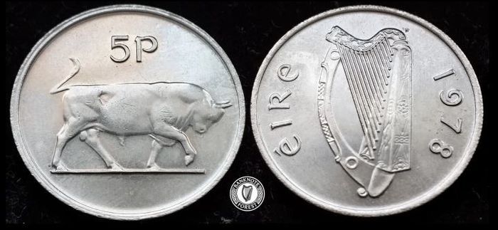 [#437] - Ireland 1978 | Irish 5p | Five Pence | Bull | KM.22 | UNC
