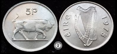 [#437] - Ireland 1978 | Irish 5p | Five Pence | Bull | KM.22 | UNC
