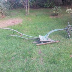 Vintage green plough, garden ornament, D18