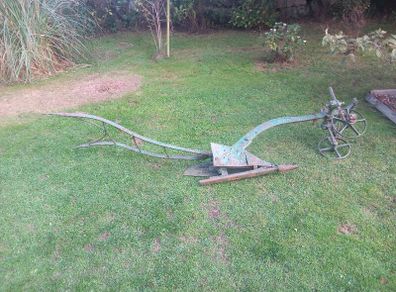 Vintage green plough, garden ornament, D18