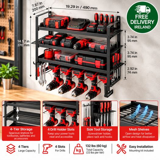 Heavy Duty Power Tool Organiser Wall Mounted 4 Tier Rack with 4 Drill Holders